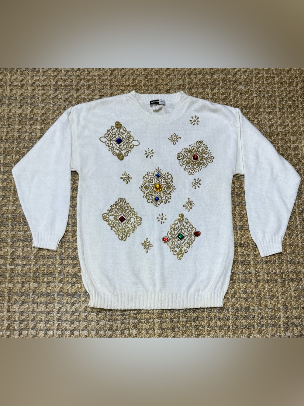 Vintage 100% Cotton White Crewneck Sweater with Gold Filigree Accents